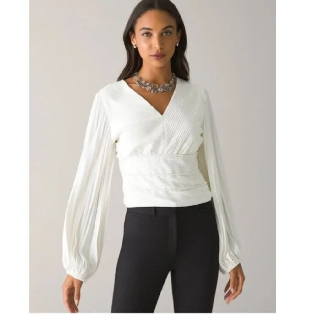 White House Black Market Pintucked Banded Bottom Blouse, White Cream | Size 4